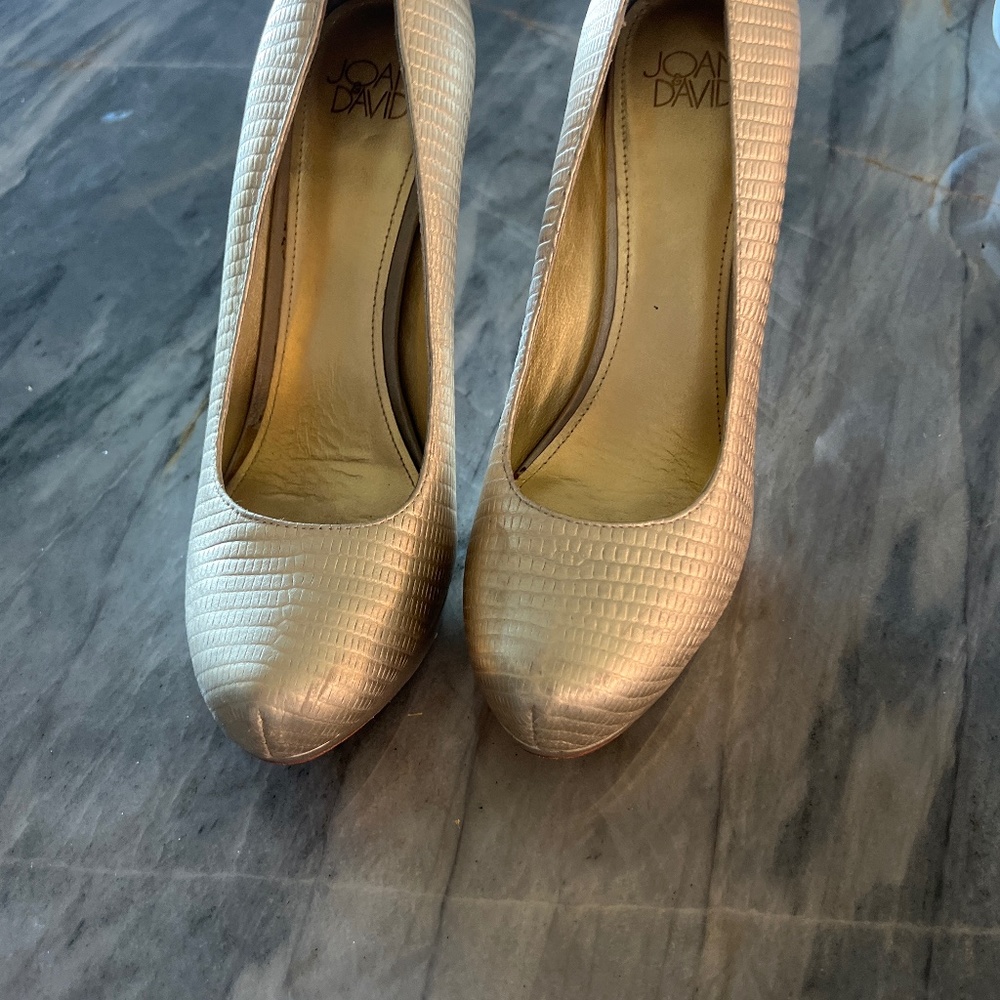Joan and David ..Embossed, light gold pumps